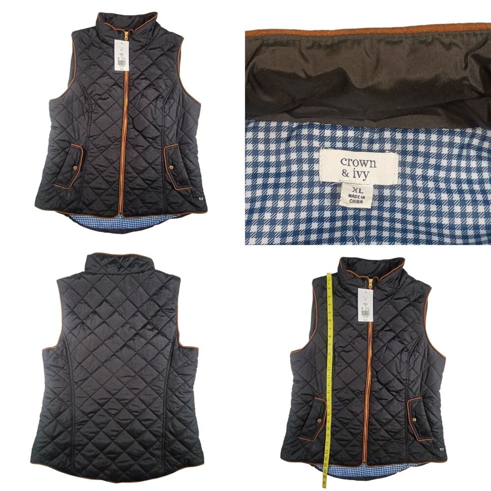 NWT Crown & Ivy Navy Blue Quilted Puffer Vest Women XL Gold Hardware Full Zip